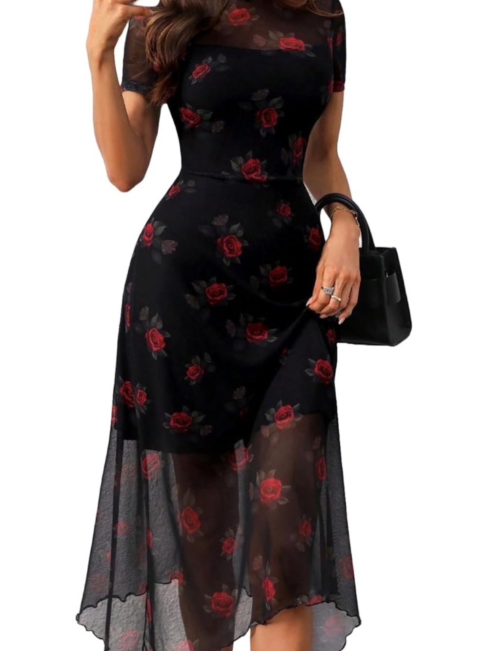Sheer Black Midi Dress with Red Roses